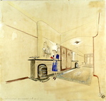 Interieurperspectief woonkamer dubbele villa
<br/>
Ed. Schulte, 1942